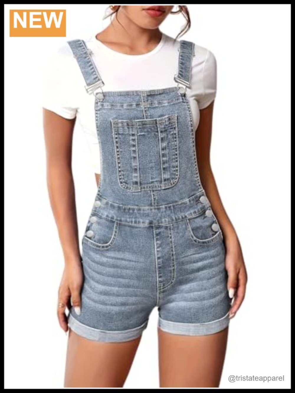 Adjustable Strap Slim Denim Overall Shorts Cuffed Washed Cotton